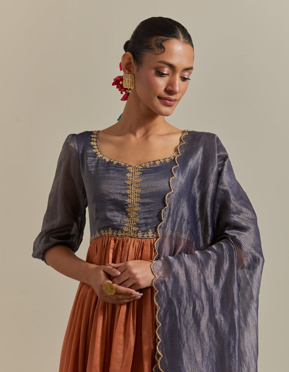 CY Vinusto Blue & Saffron Brown Embroidered Anarkali Set Closeup 1