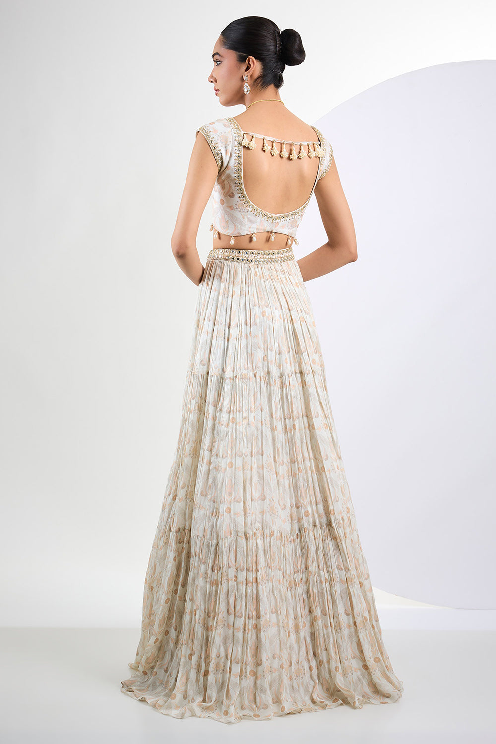 Printed chinon chiffon ivory lehenga set with pearl tassels and organza Dupatta