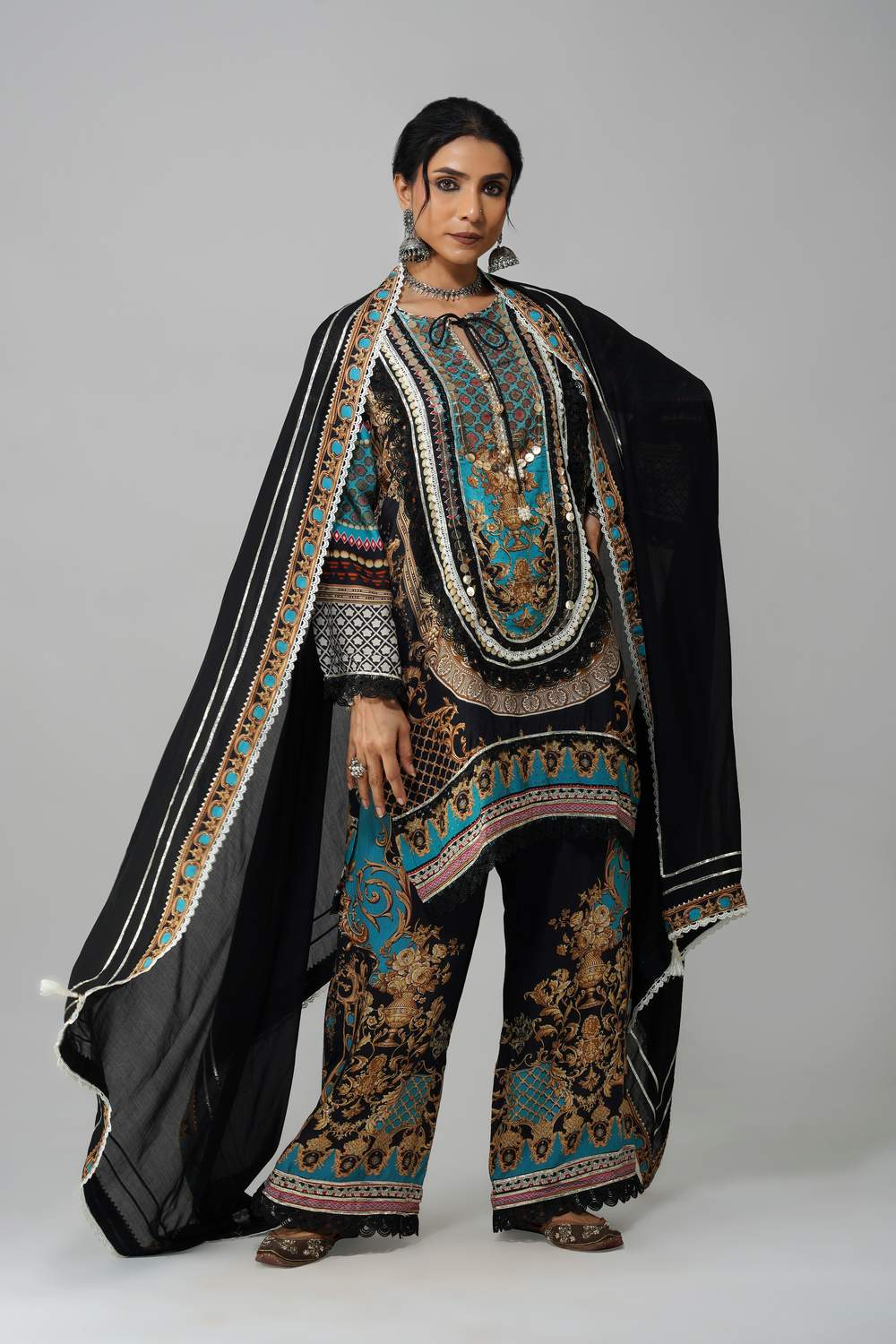 Ishum Boho Luxe Kurta in Teal & Black – Cotton Muslin Statement Wear