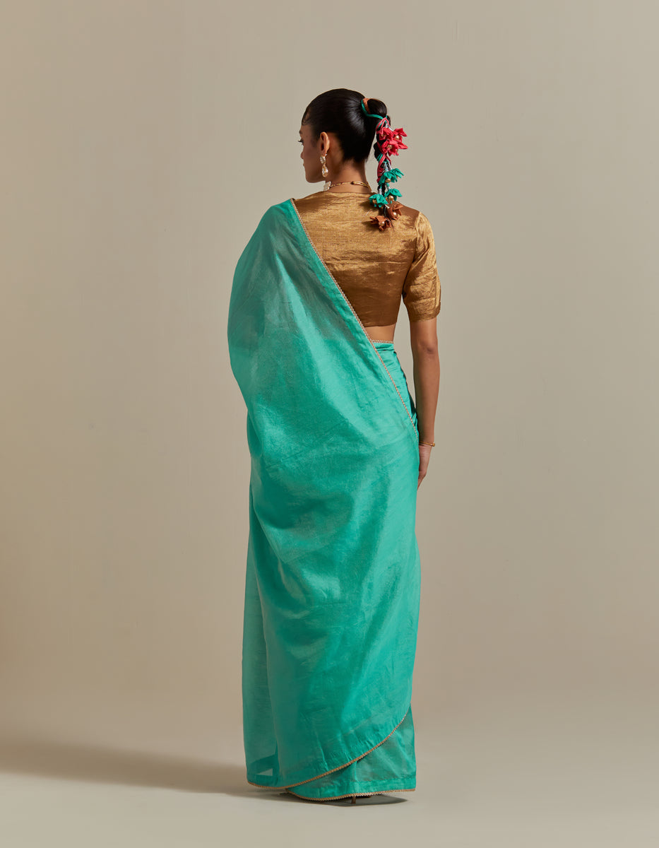 CY Vinusto Aqua Green Striped Chanderi Saree Set Back 1