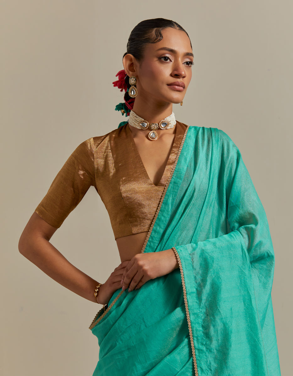 CY Vinusto Aqua Green Striped Chanderi Saree Set Closeup 1