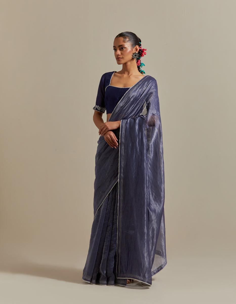 CY Vinusto Blue Chanderi Striped Saree Front 2