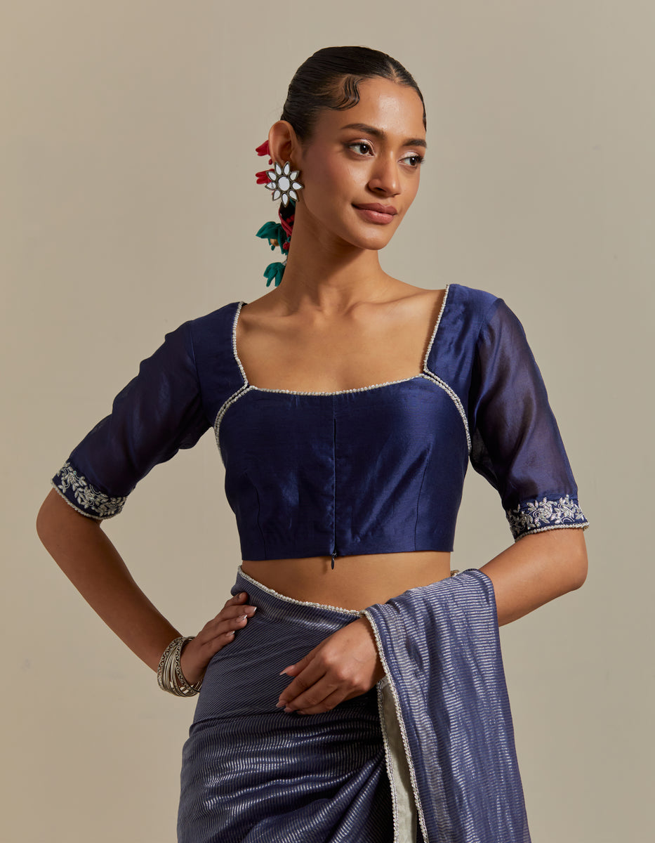 CY Vinusto Blue Chanderi Striped Saree Closeup 2