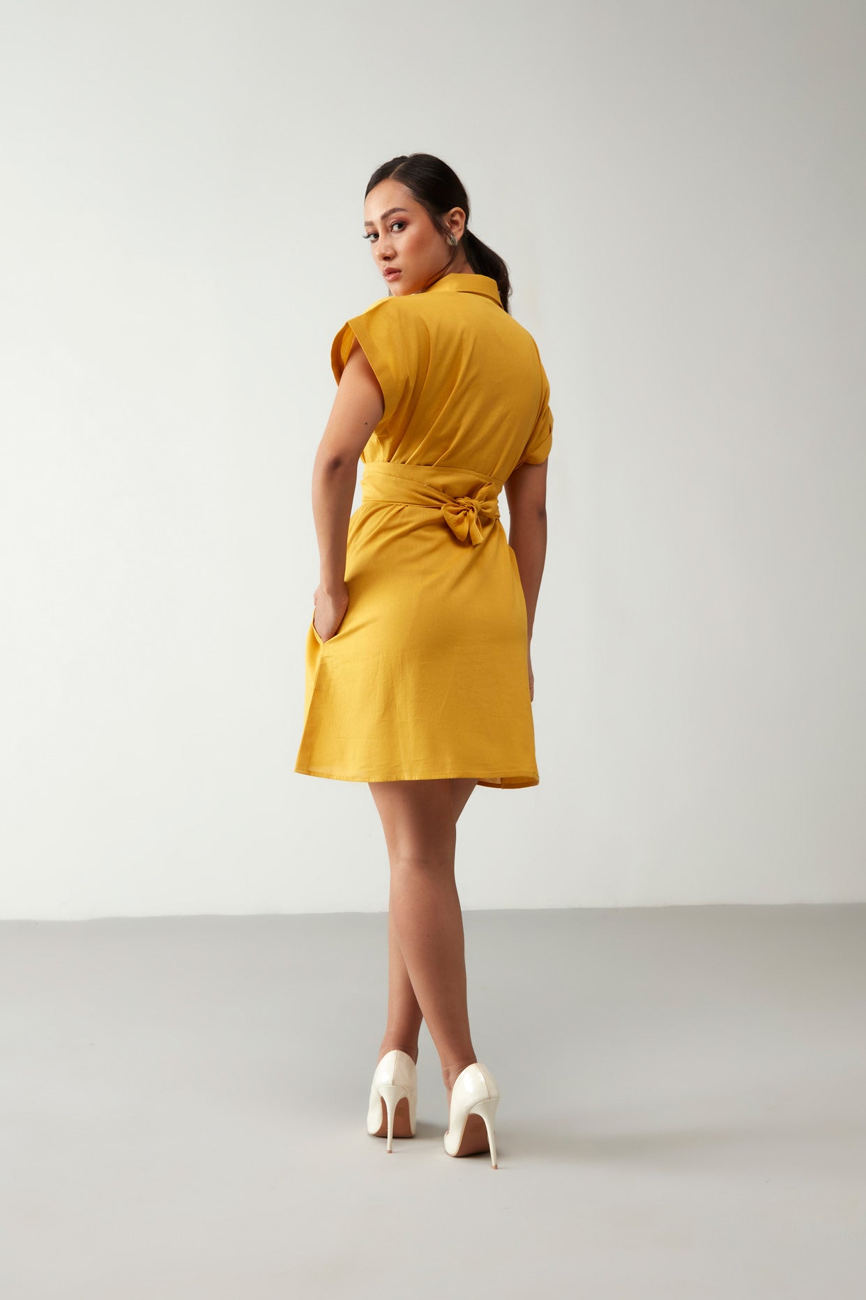 Yellow Cinched With Belt Dress
