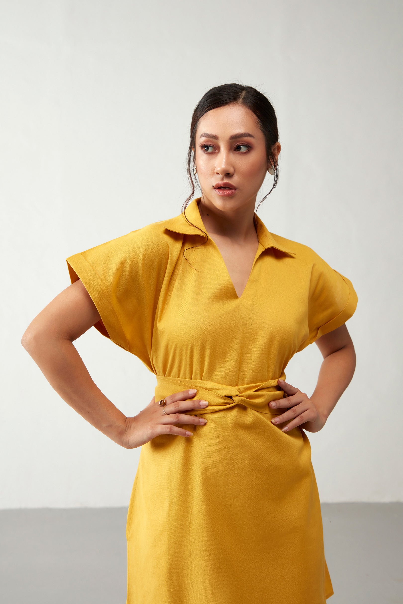 Yellow Cinched With Belt Dress