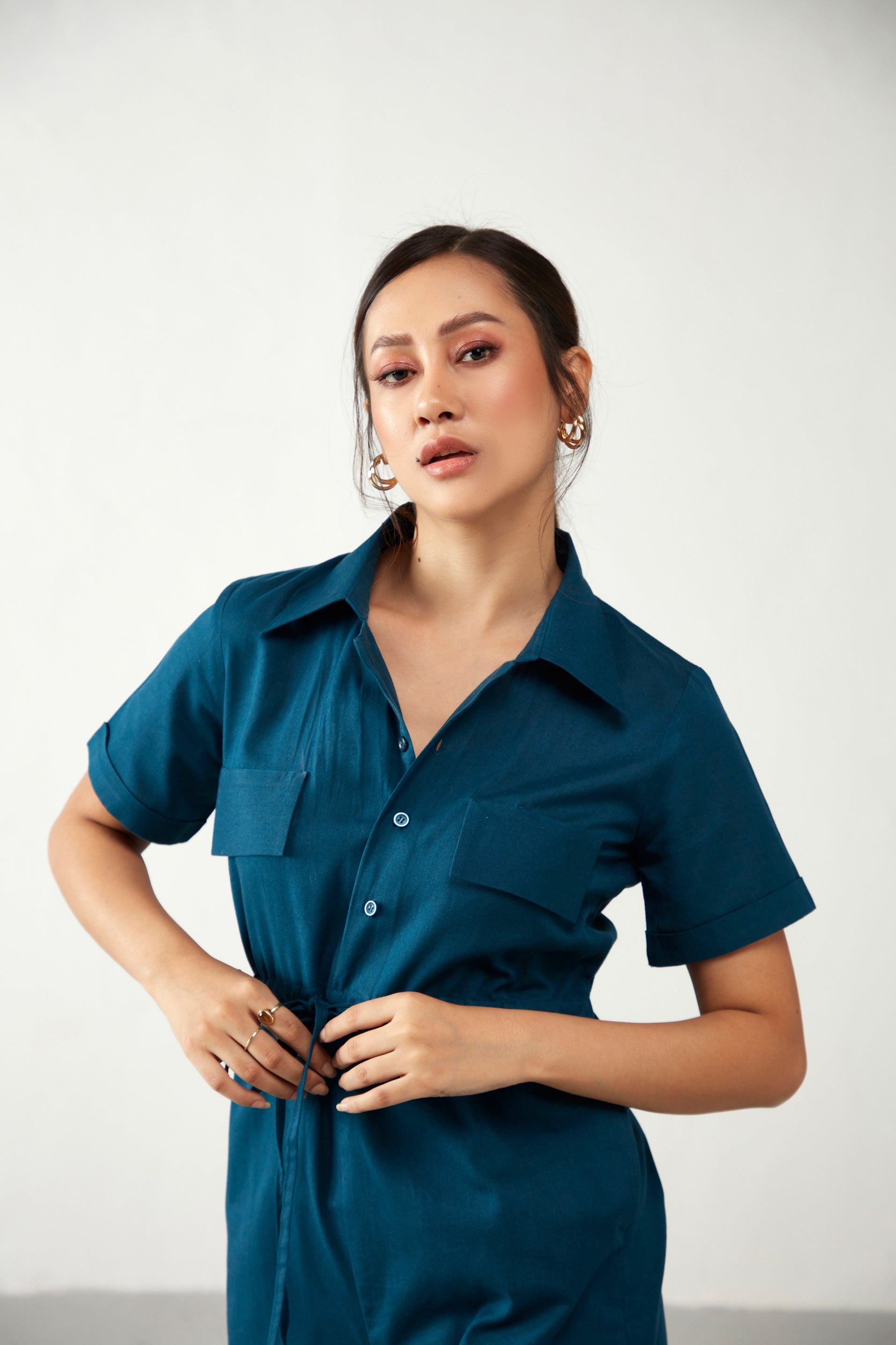 Teal Blue Collar Style Anti Fit Jumpsuit