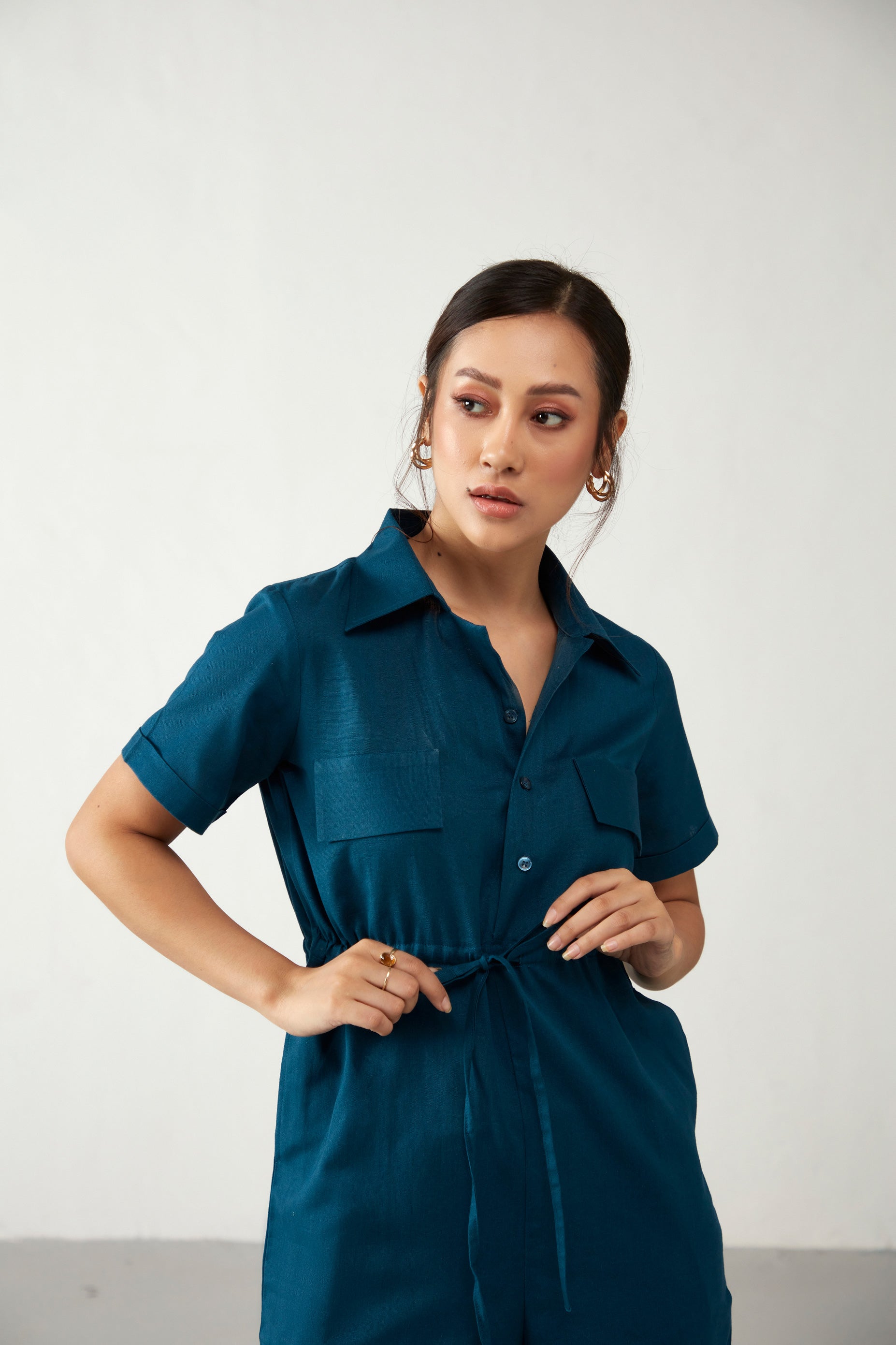 Teal Blue Collar Style Anti Fit Jumpsuit