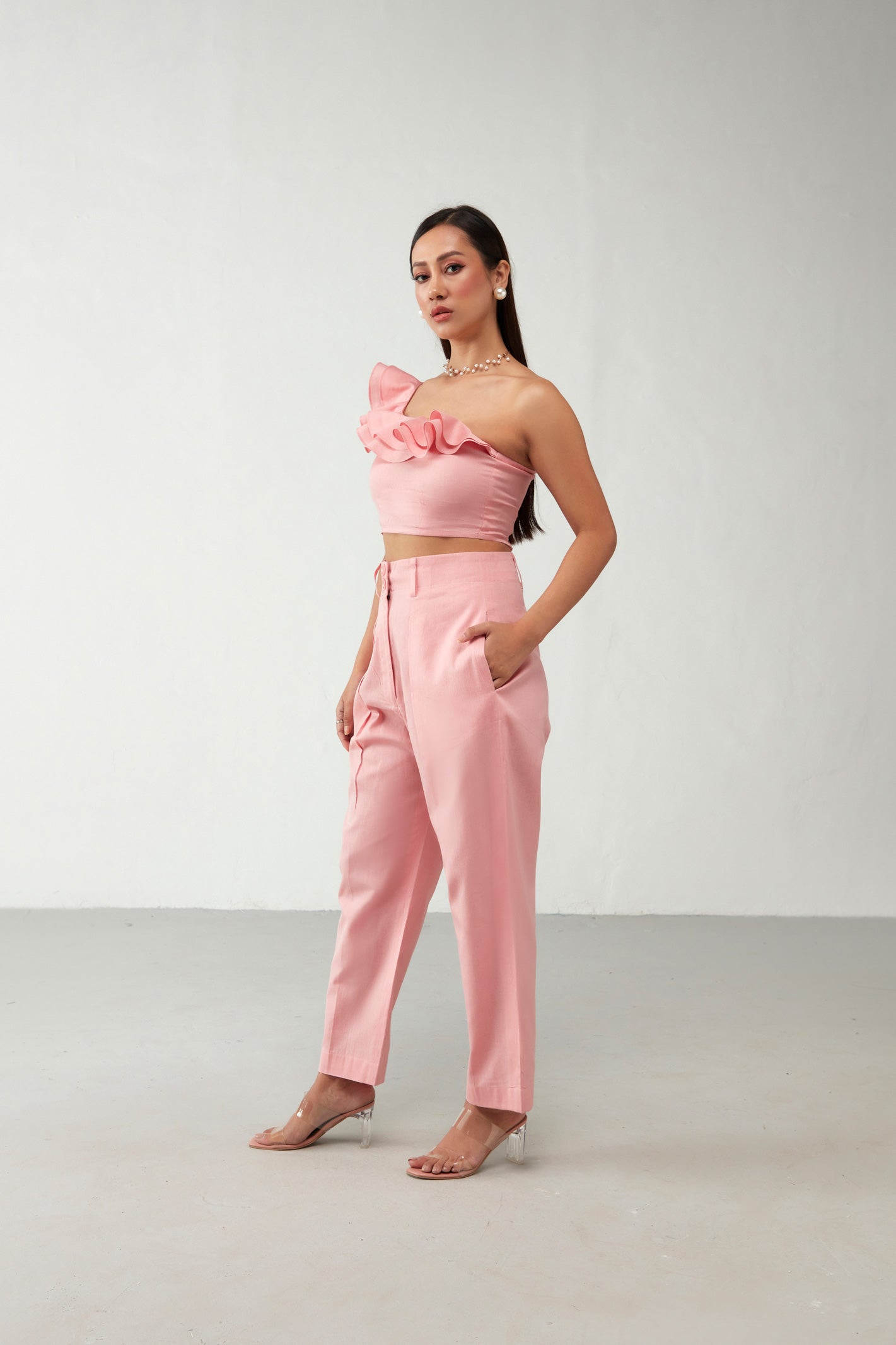 Pink Shoulder Ruffle Cotton Co-Ord Set