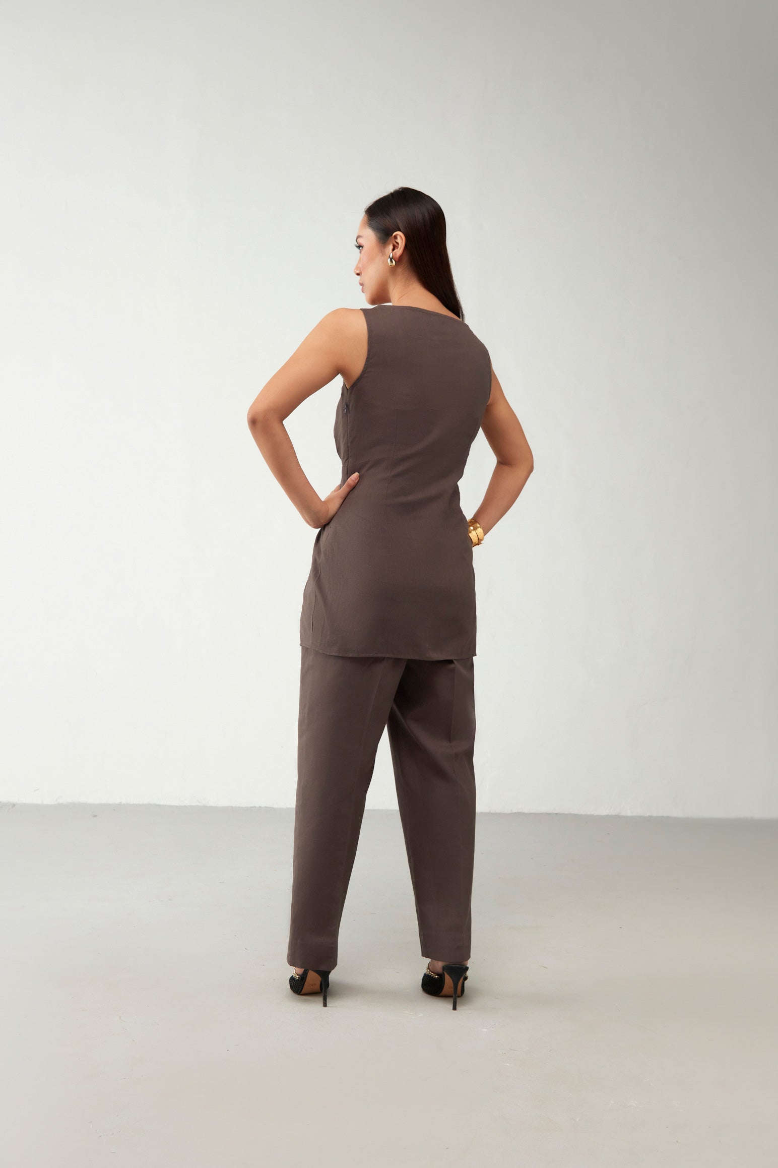 Brown Twist Top V Neckline Cotton Shirt