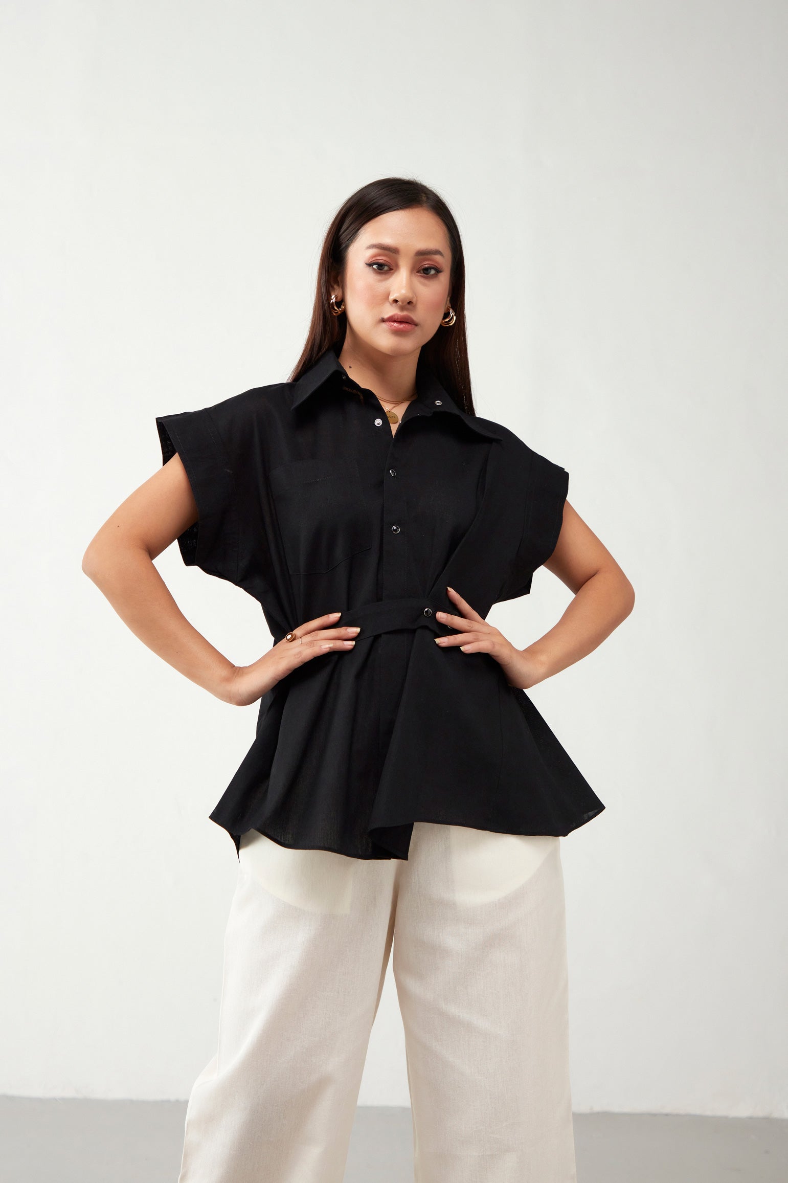Black Asymmetric Shirt with Belt