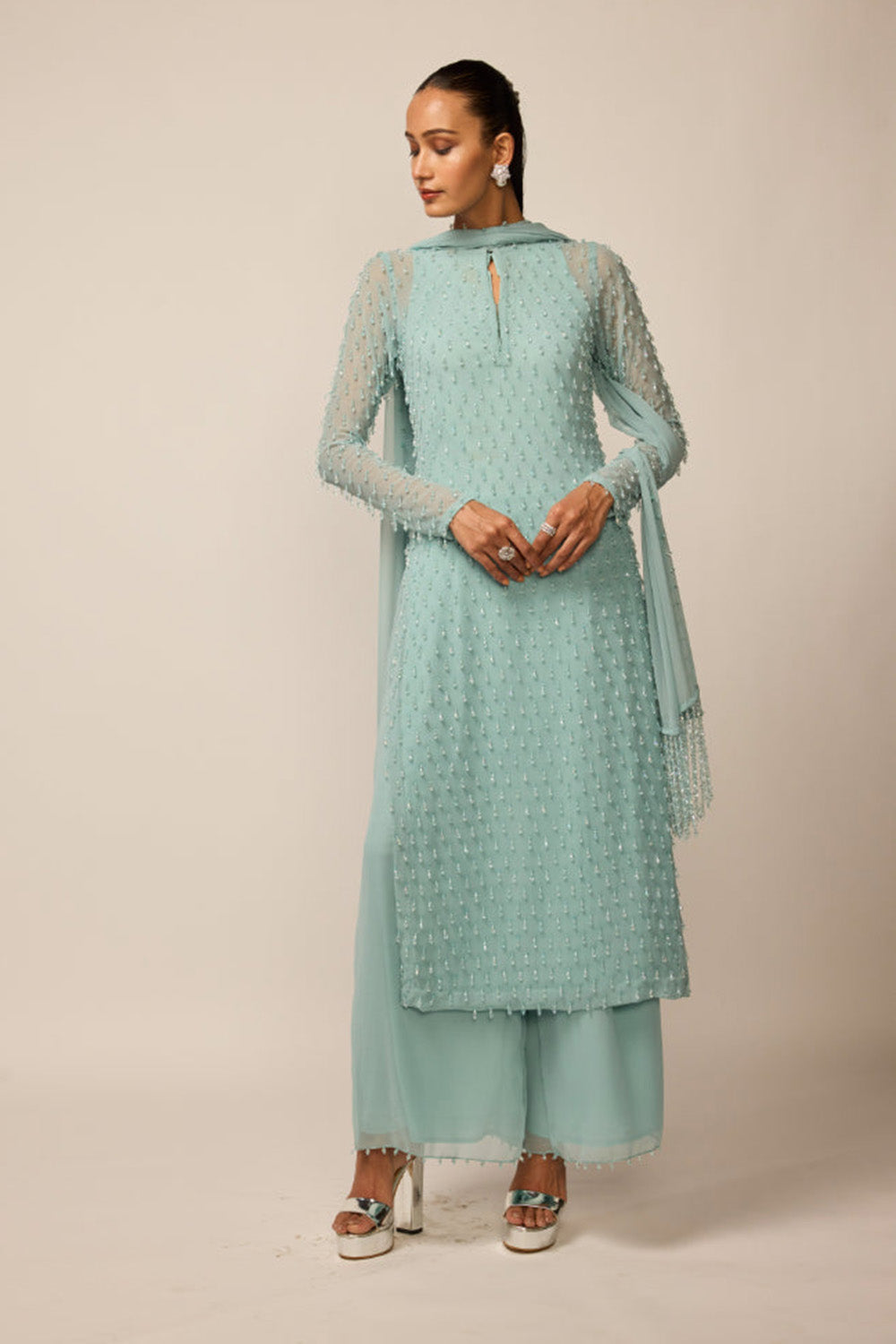 Powder Blue Pearl Drop Kurta Set