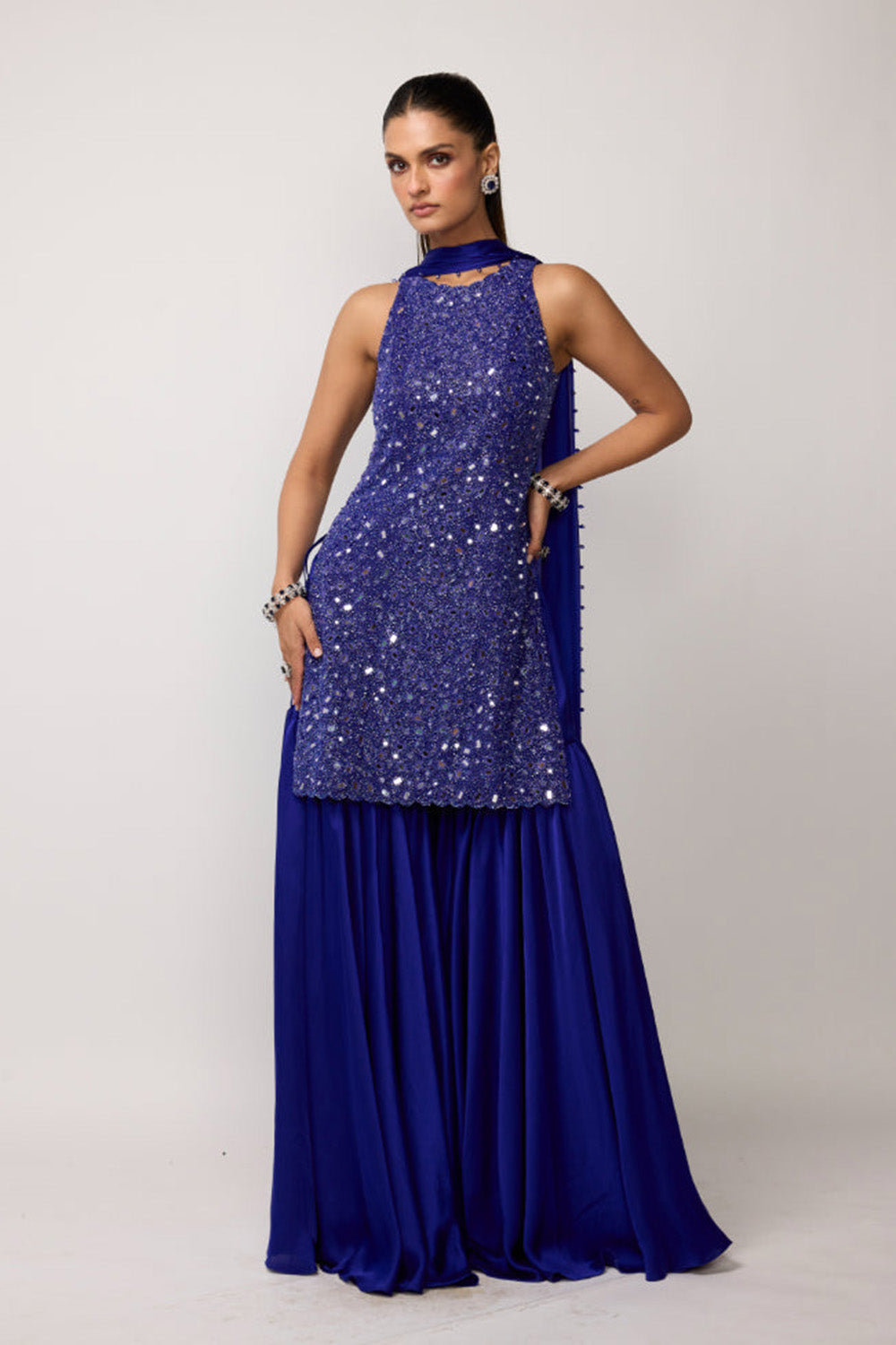 Cocktail Blue Satin Sharara Set