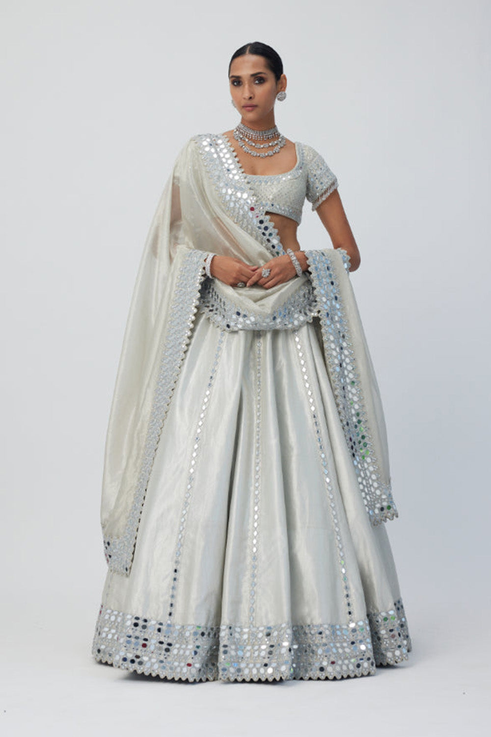 Silver Shimmer Organza Linear Lehenga Set