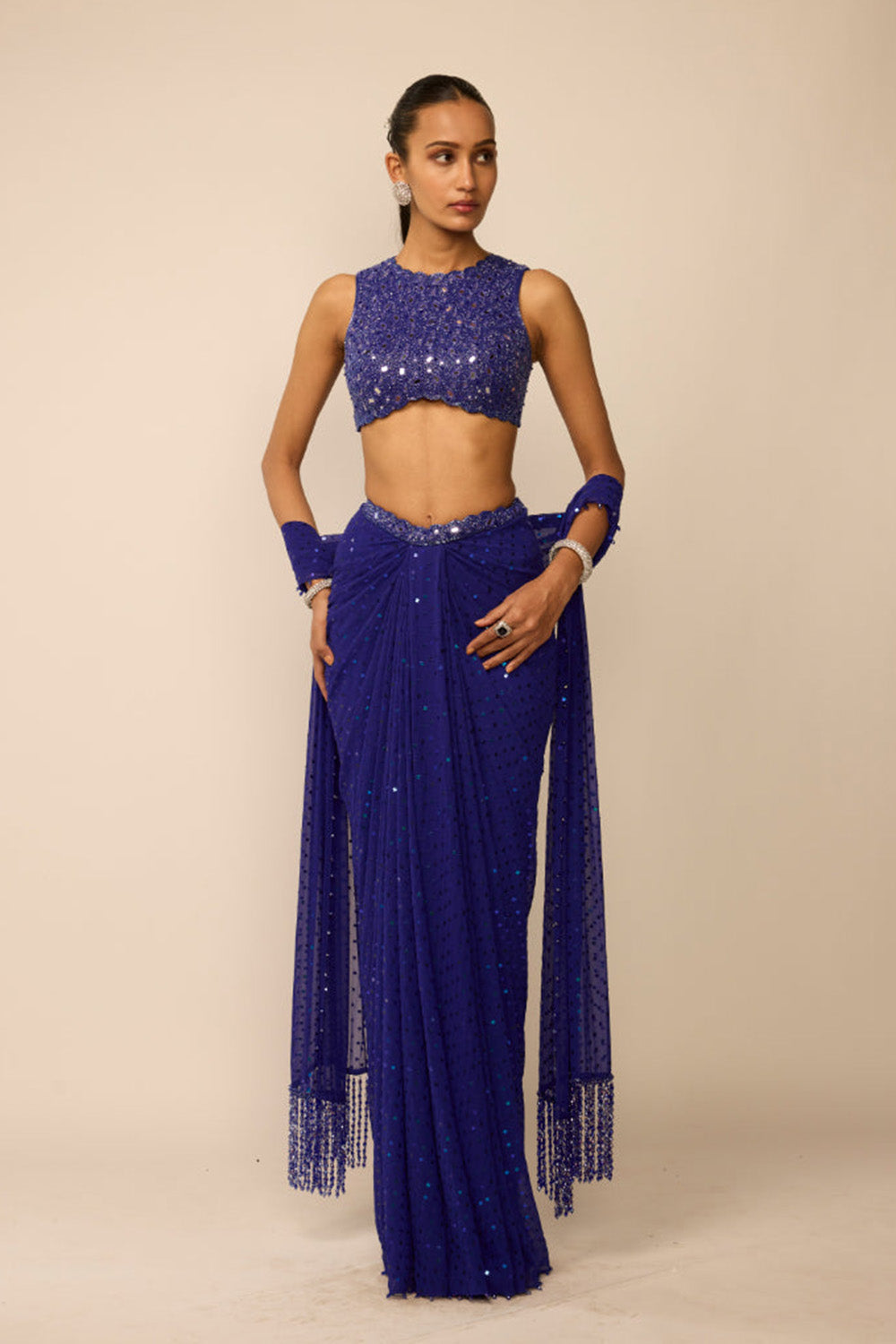 Cocktail Blue Sequins Embroidered Draped Skirt Set
