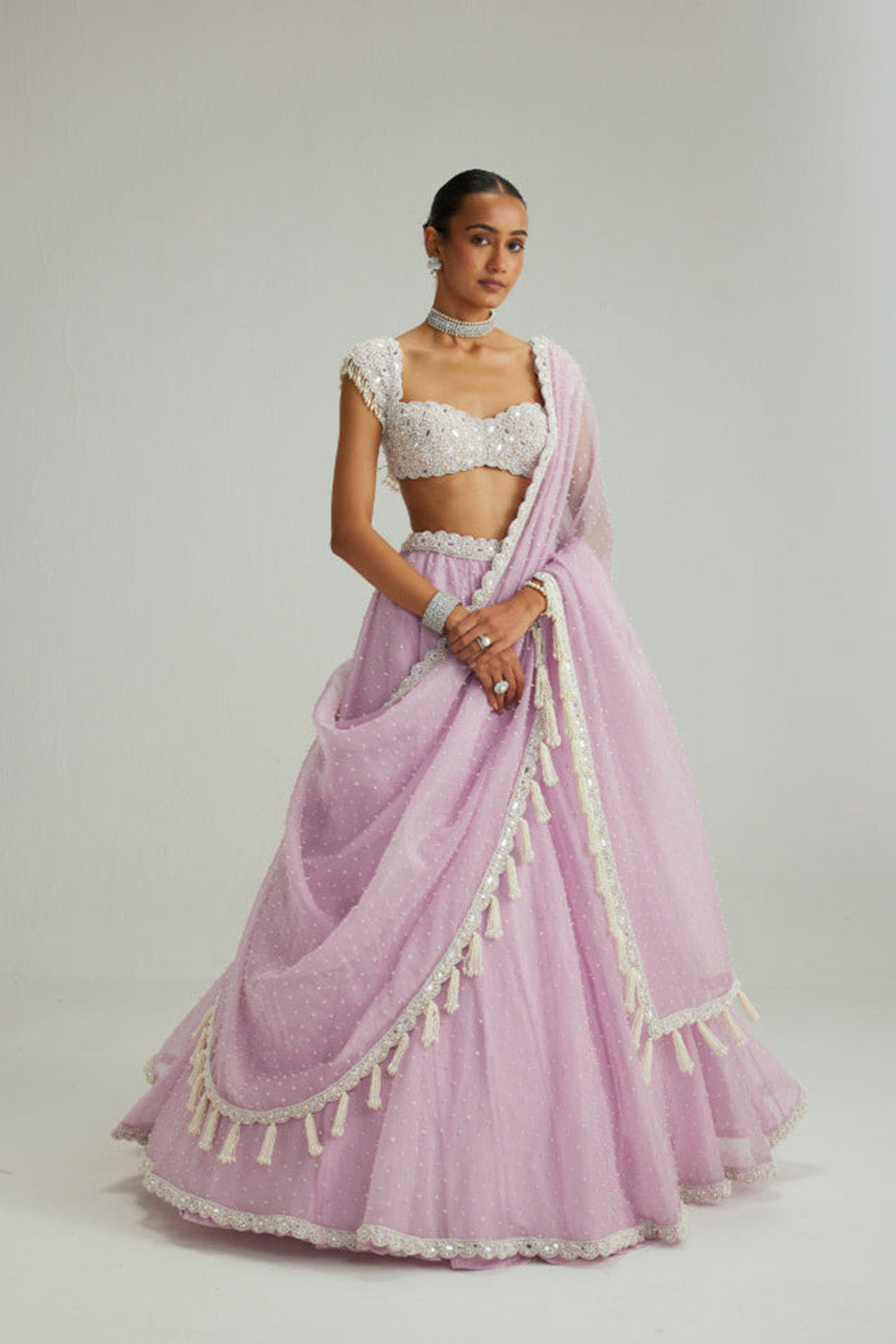Lavender mirror and pearl lehenga set