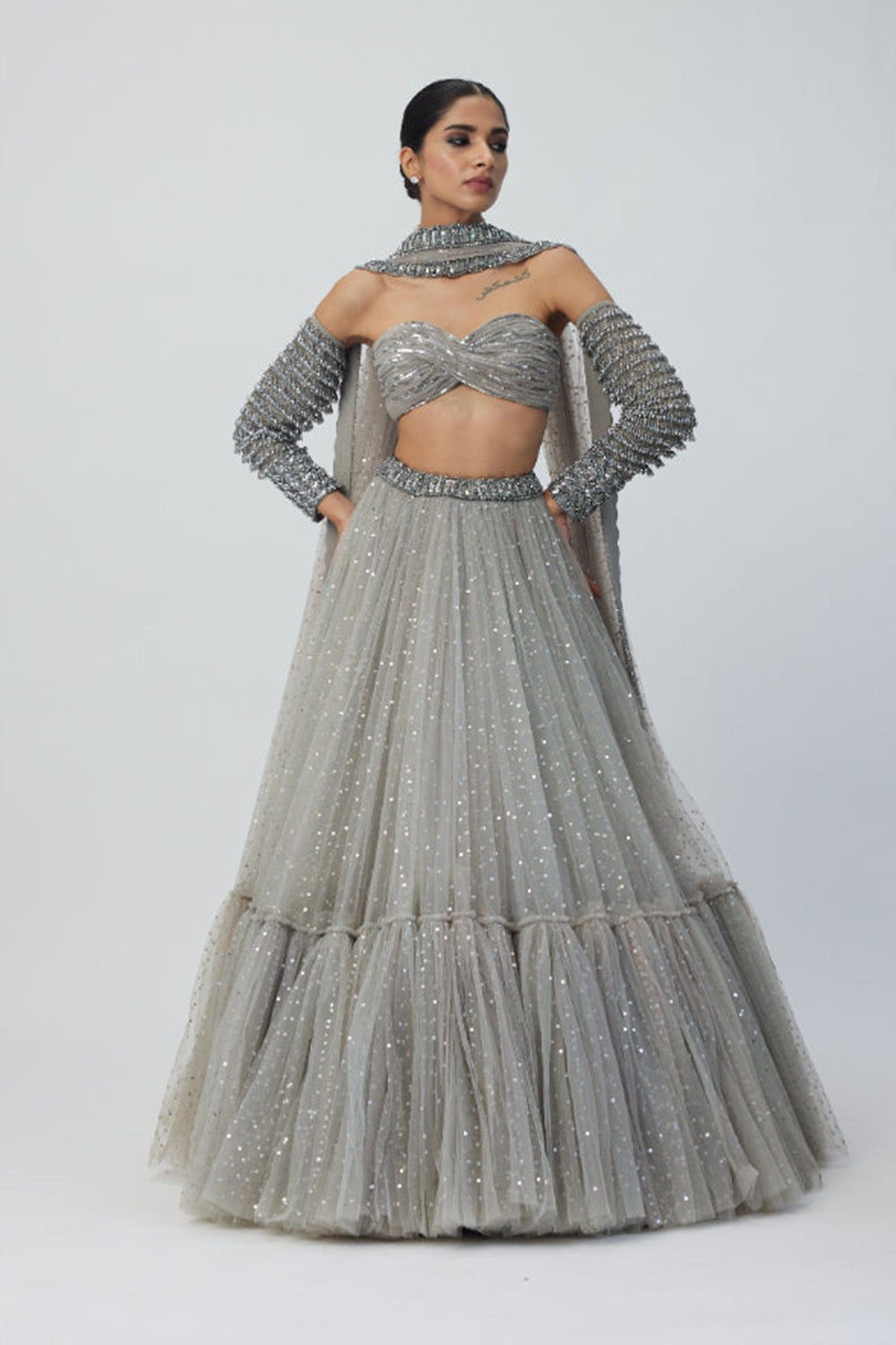 Crystal Grey Tulle Lehenga Set