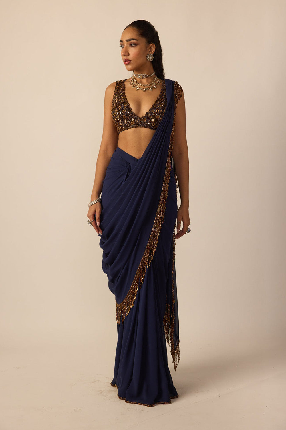 Deep Blue Georgette Tassel Saree