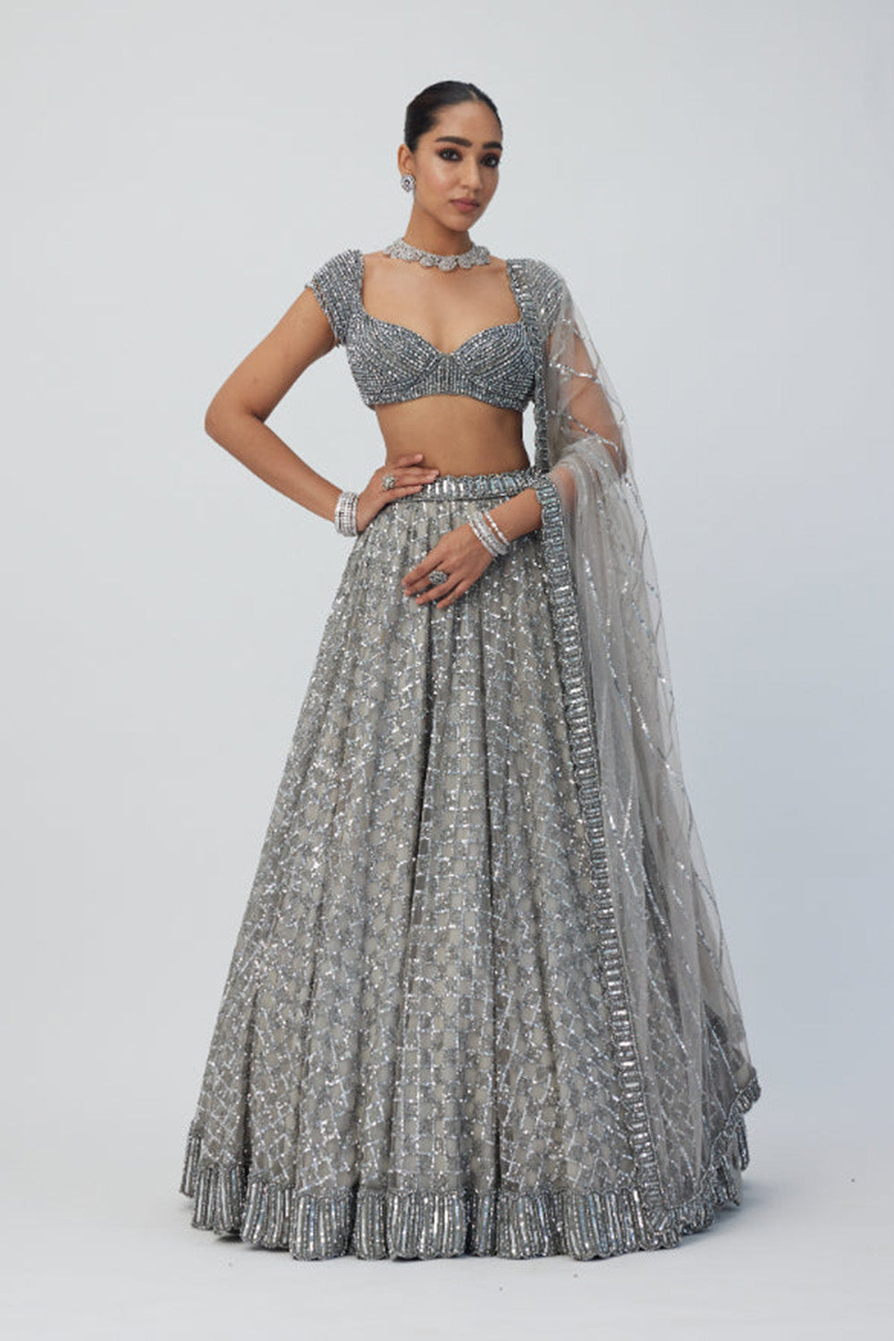 Crystal Grey Sequins Embroidered Lehenga Set
