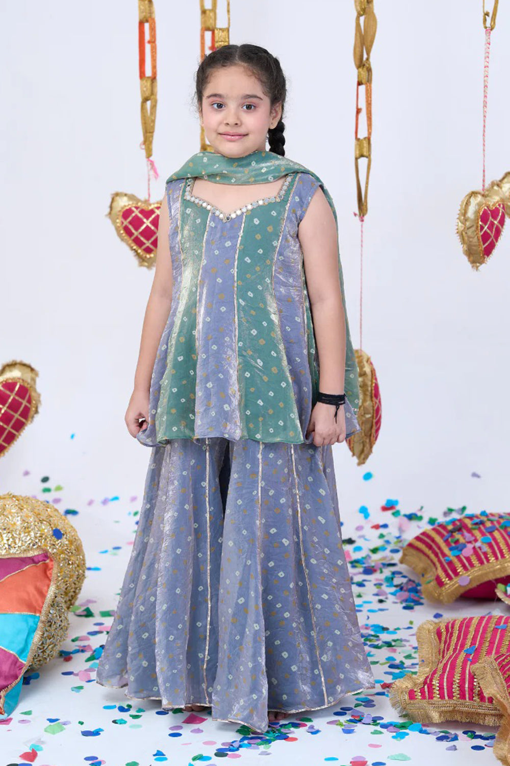 GREEN AND GREY BANDHANI SHARARA