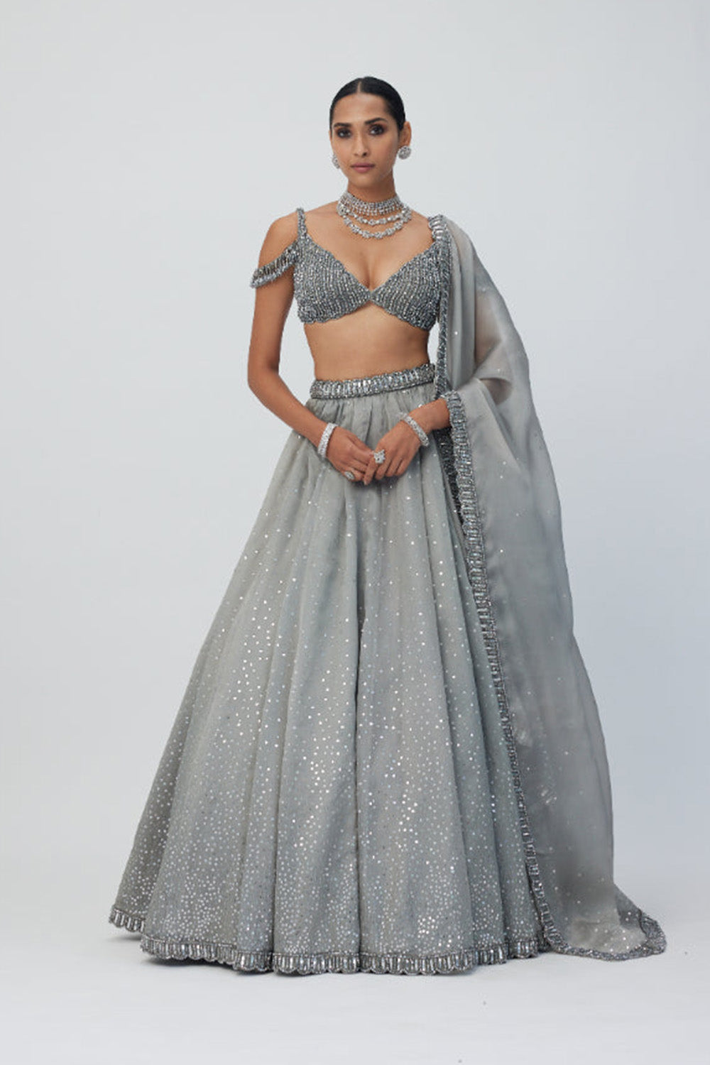 Crystal Grey Sequins Scattered Organza Lehenga Set