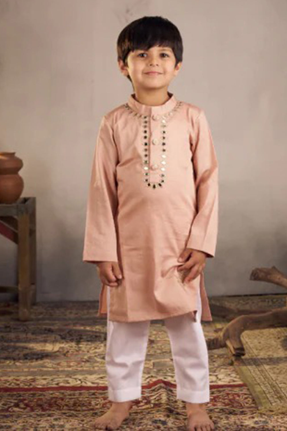 PEACH BIRD MIRROR WORK KURTA