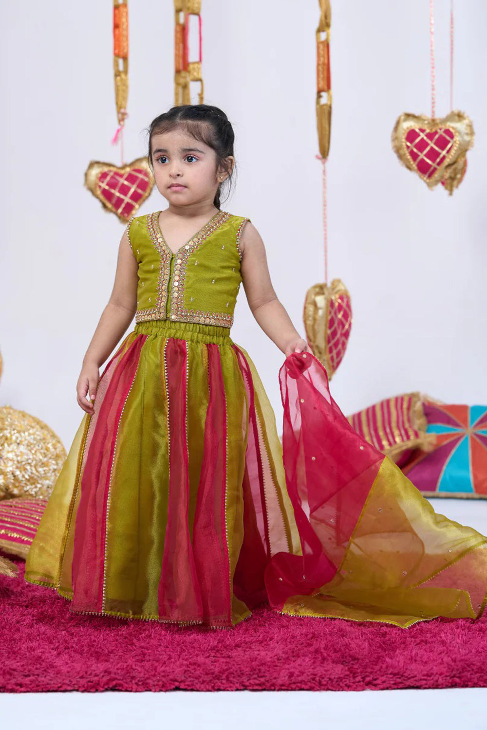 RED AND GREEN METAL WORK LEHENGA