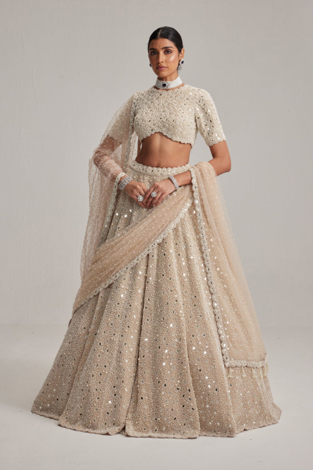 Light Beige Dense Pearl and mirror Lehenga Set with High Neck Blouse, Double Dupatta and Veil