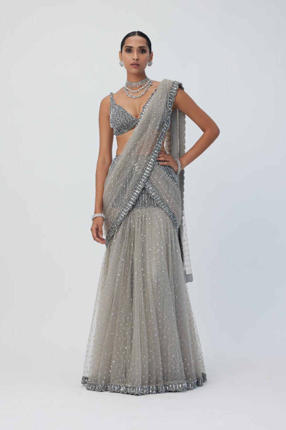 Crystal Grey Sequin Scattered Pre Draped Saree Set