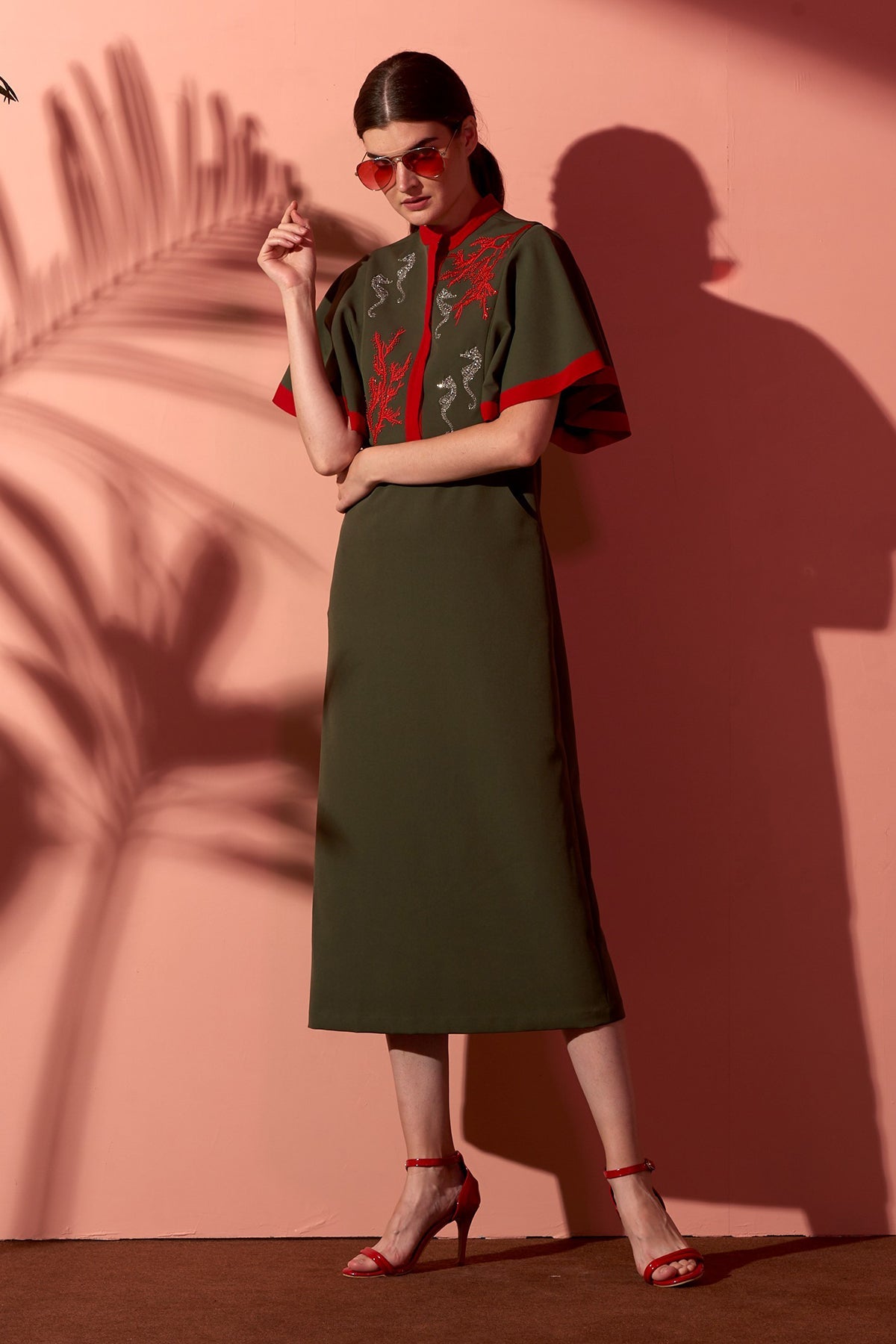 Coral Reef & Seahorse Frill Sleeves Midi Dress