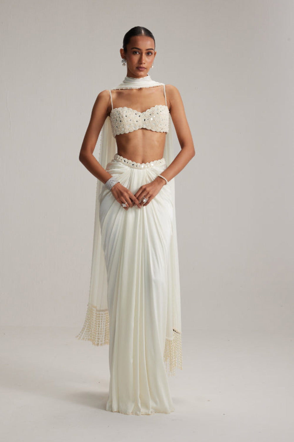 Off White Satin Draped Skirt Set