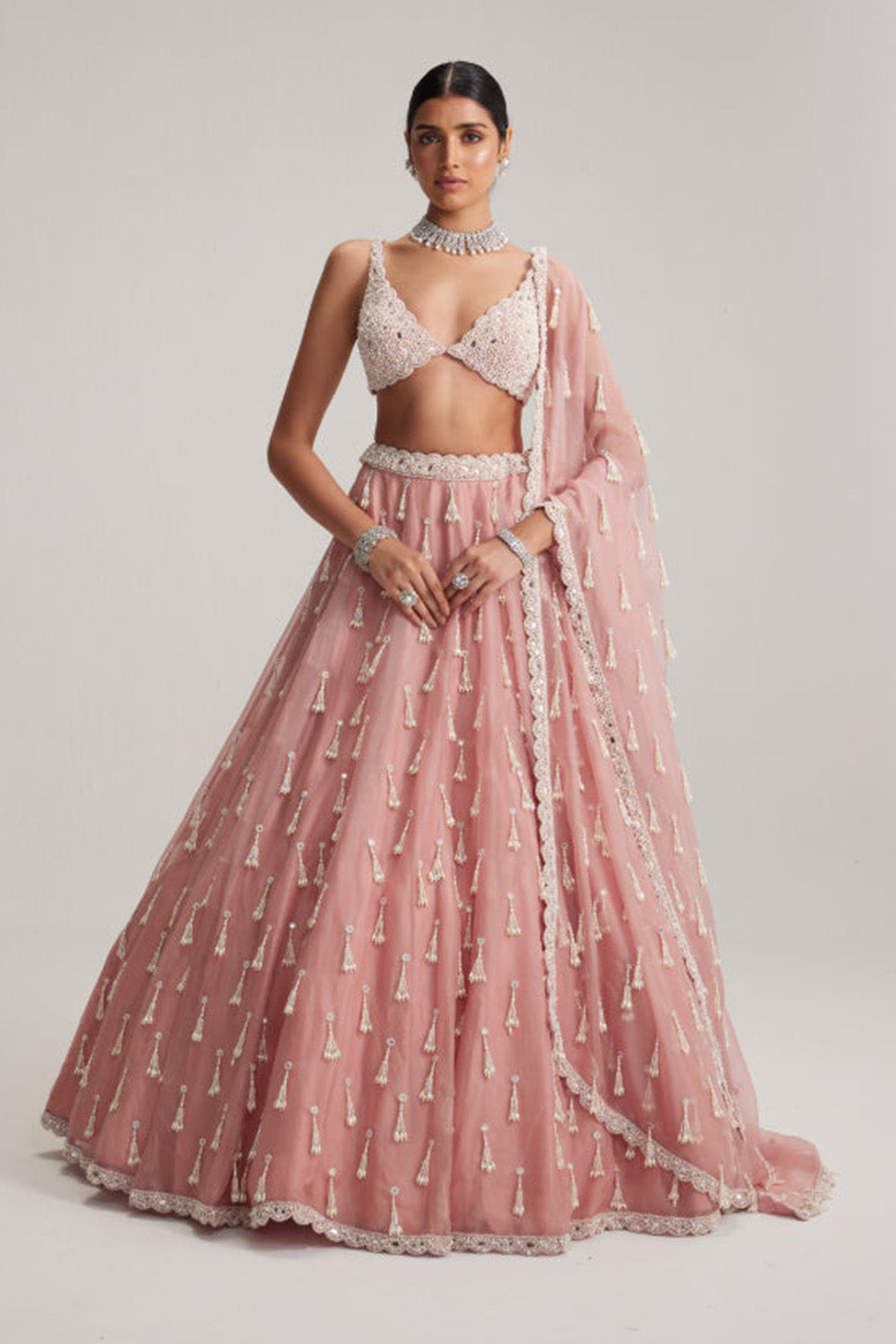 Dusty Rose Organza Long pearl tassels lehenga set