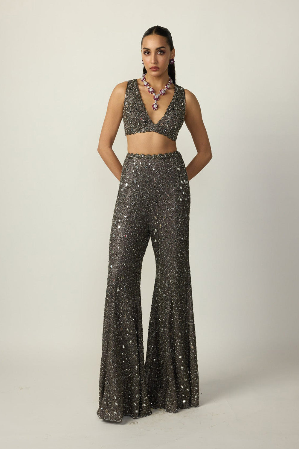 Metallic Grey Blouse Sharara Pant Set