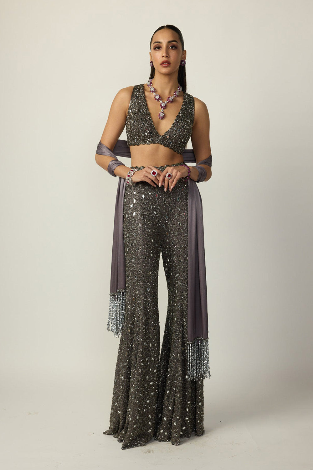 Metallic Grey Sharara Pant Set