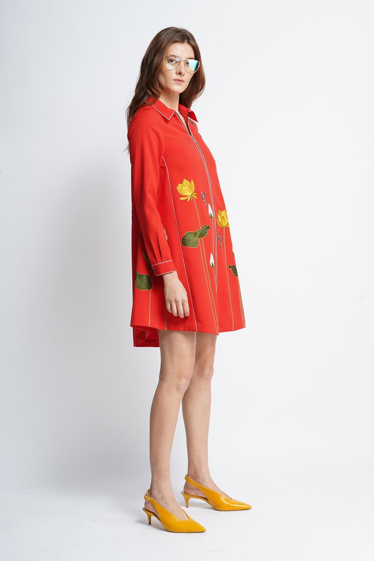Lotus And Humming Bird Side Triangle Shirt Dress