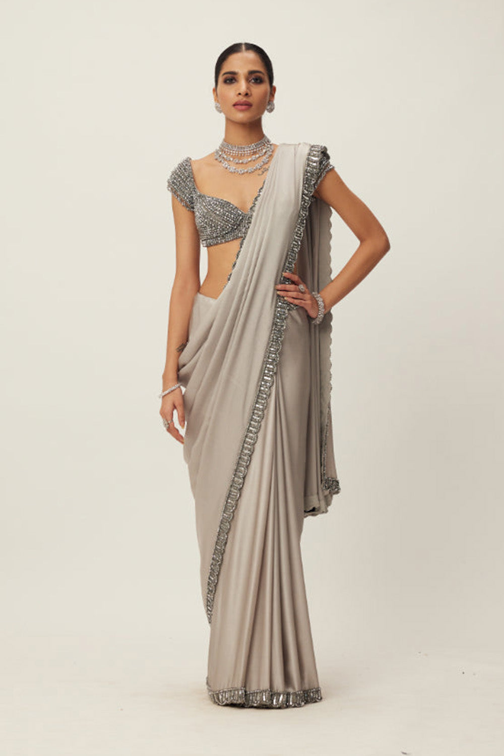 Crystal Grey Satin Saree Set