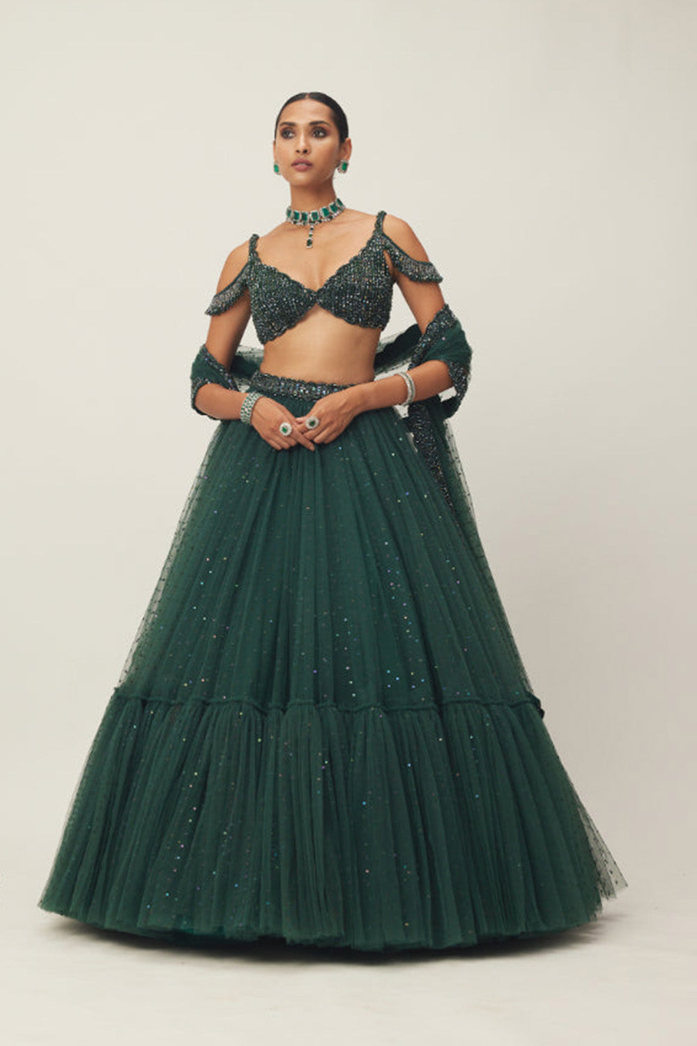 Dark Jade Green Sequins Scattered Tulle Lehenga Set