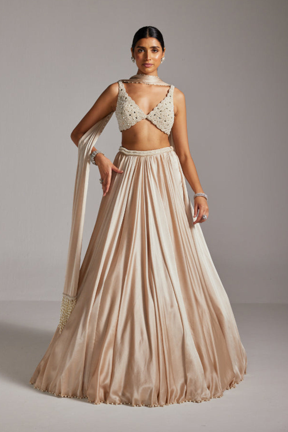 Light Beige V Neck Satin skirt Set