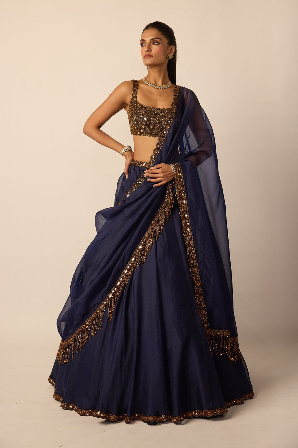 Deep Blue Tassel Dupatta Lehenga Set