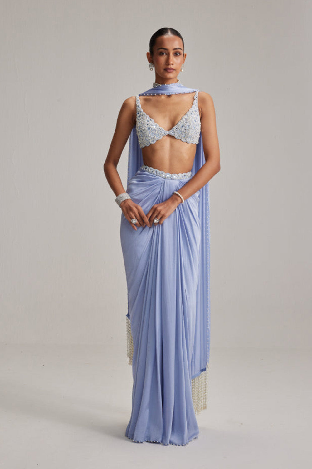 Dew Blue Satin Draped Skirt Set