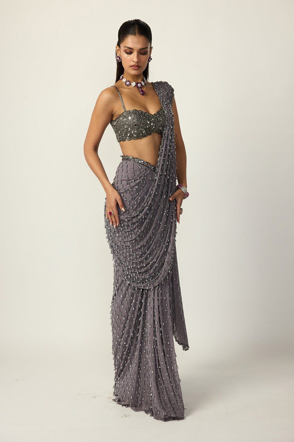 Metallic Grey Single Drop Draped Saree Set