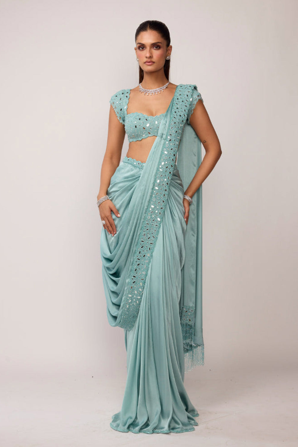 Powder Blue Draped Saree Set