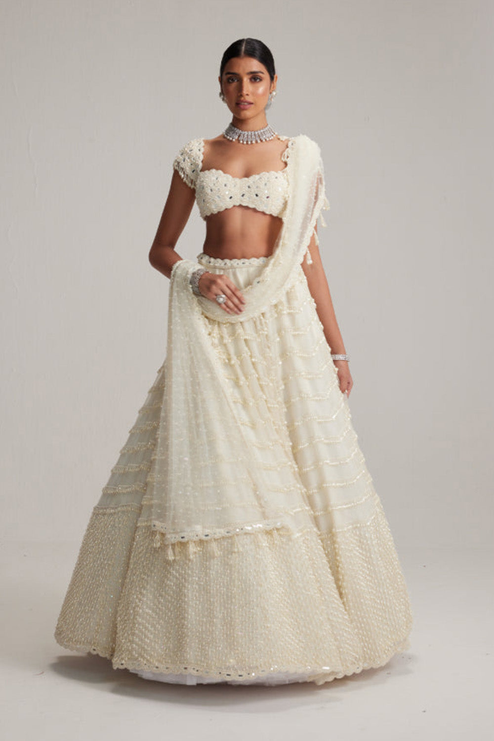 Off White Mirror and Pearl Drop Bridal lehenga set