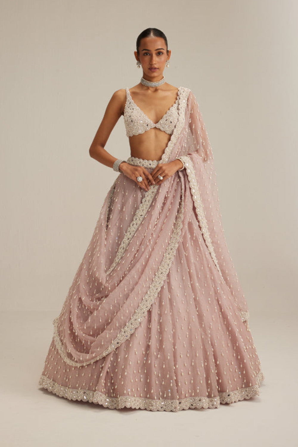 Ash Pink Pearl Drop Organza Lehenga Set