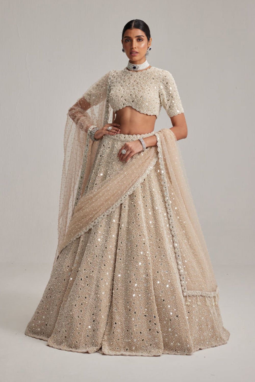 Light Beige dense mirror and pearl lehenga set with high neck blouse and Double Dupatta