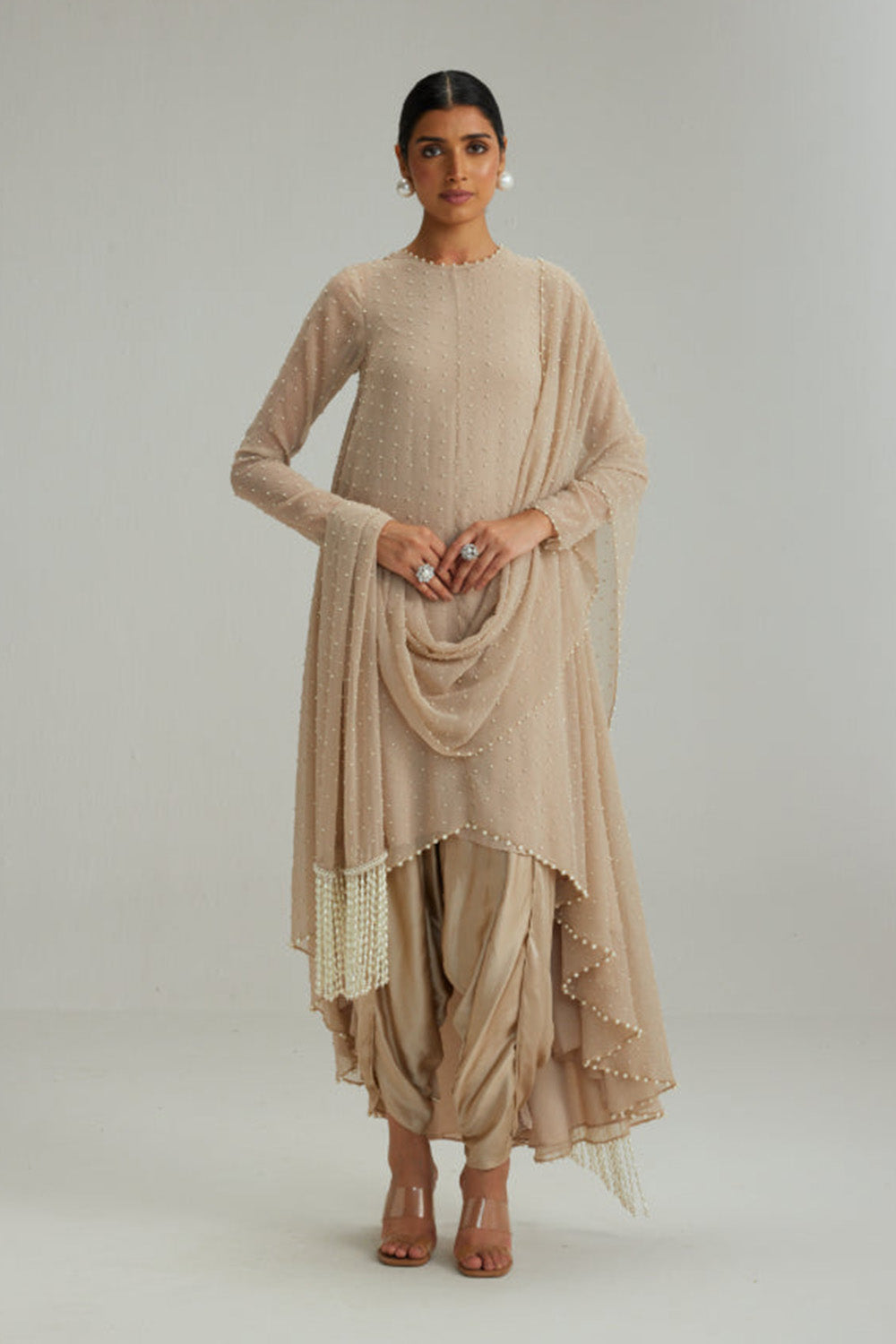 Light Beige pearl Kurta With Stole Set