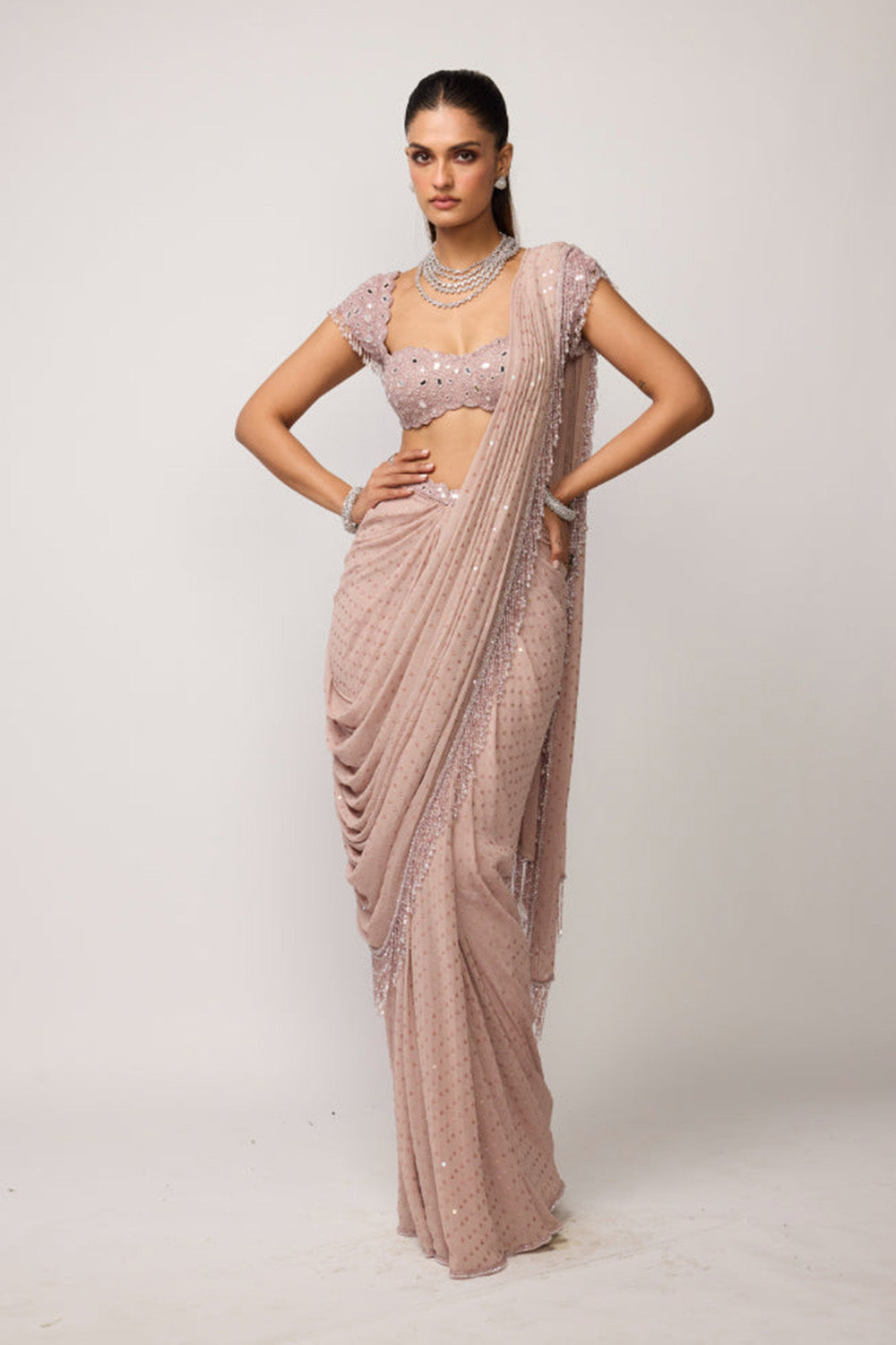 Ash Pink Sequins Embroidered Draped Saree Set