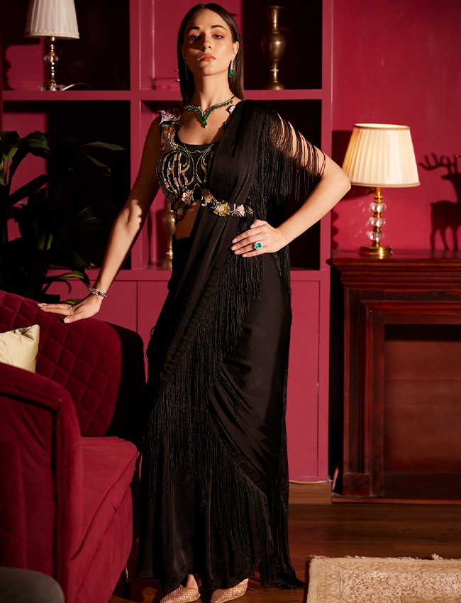 CY Saadgi Nagpal Twilight Ruffle Satin Saree Co-Ord Set Front 1