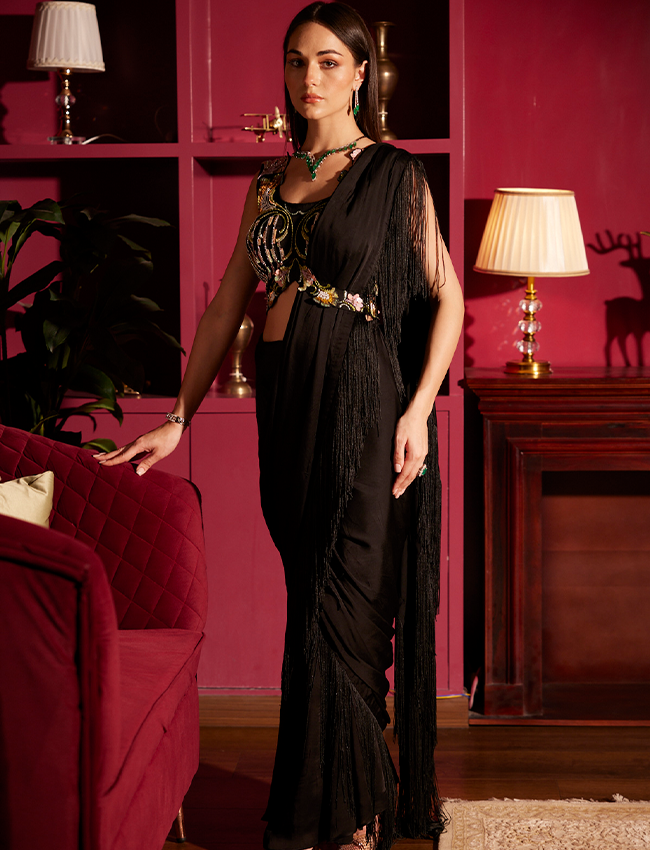 CY Saadgi Nagpal Twilight Ruffle Satin Saree Co-Ord Set Side 1