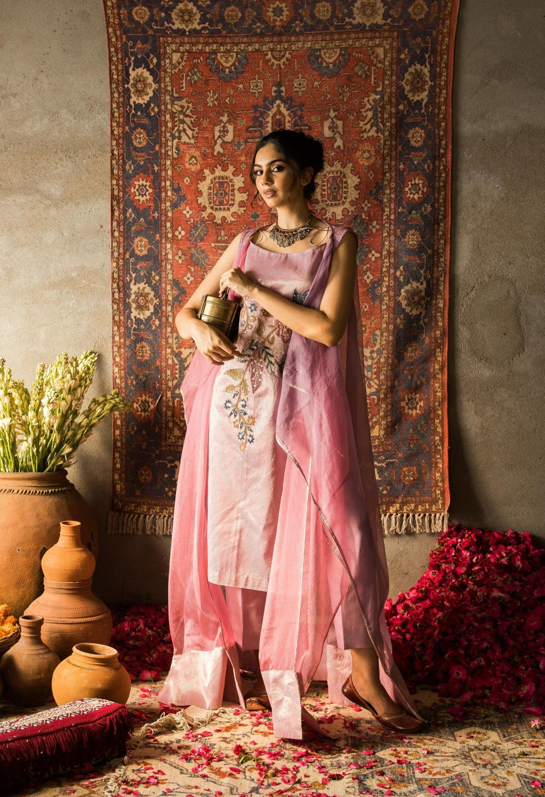 Husn-Orchid Pink Embroidered Kurti Set With Jacket