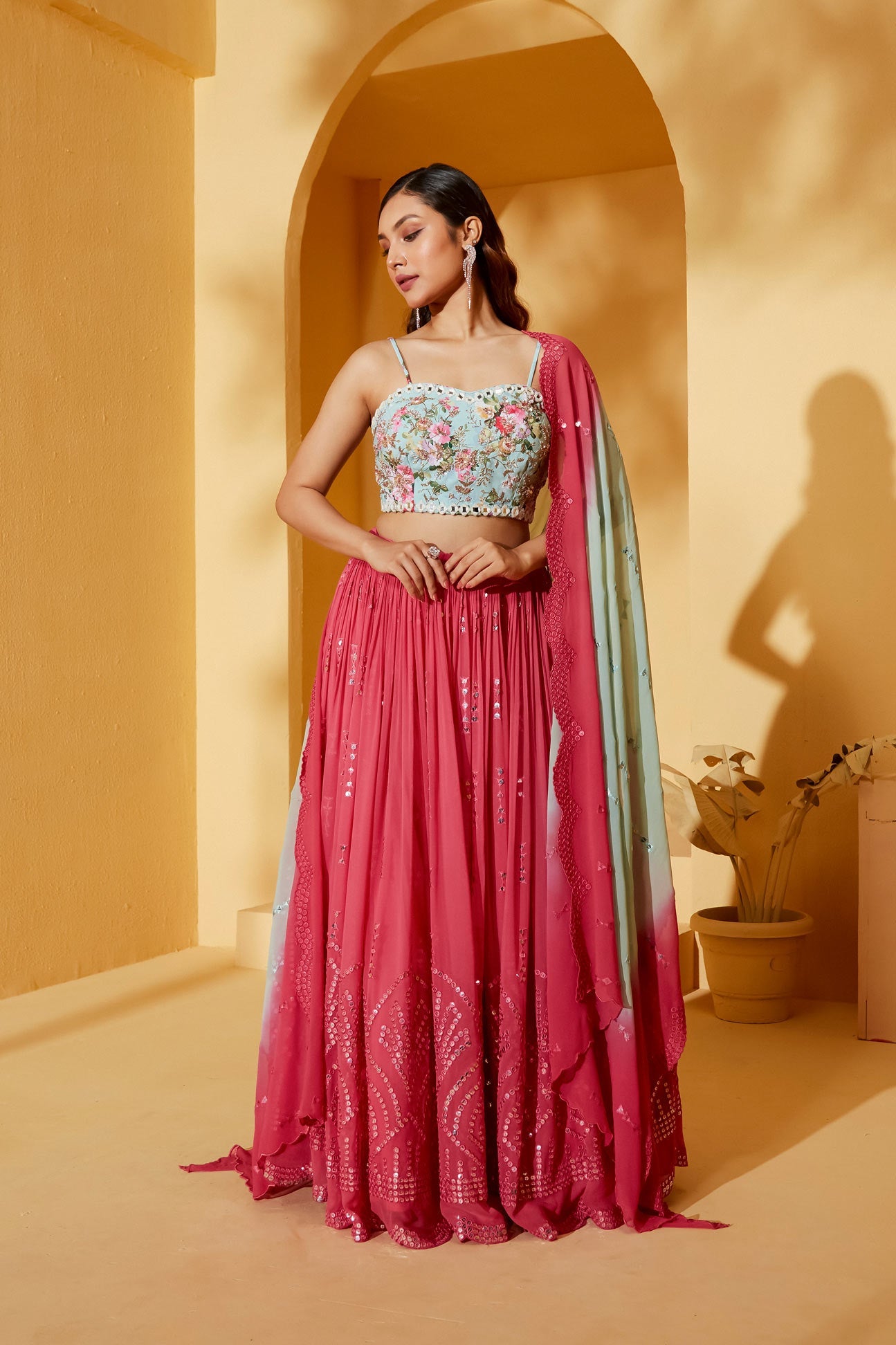 LIGHT BLUE AND CORAL LEHENGA SET